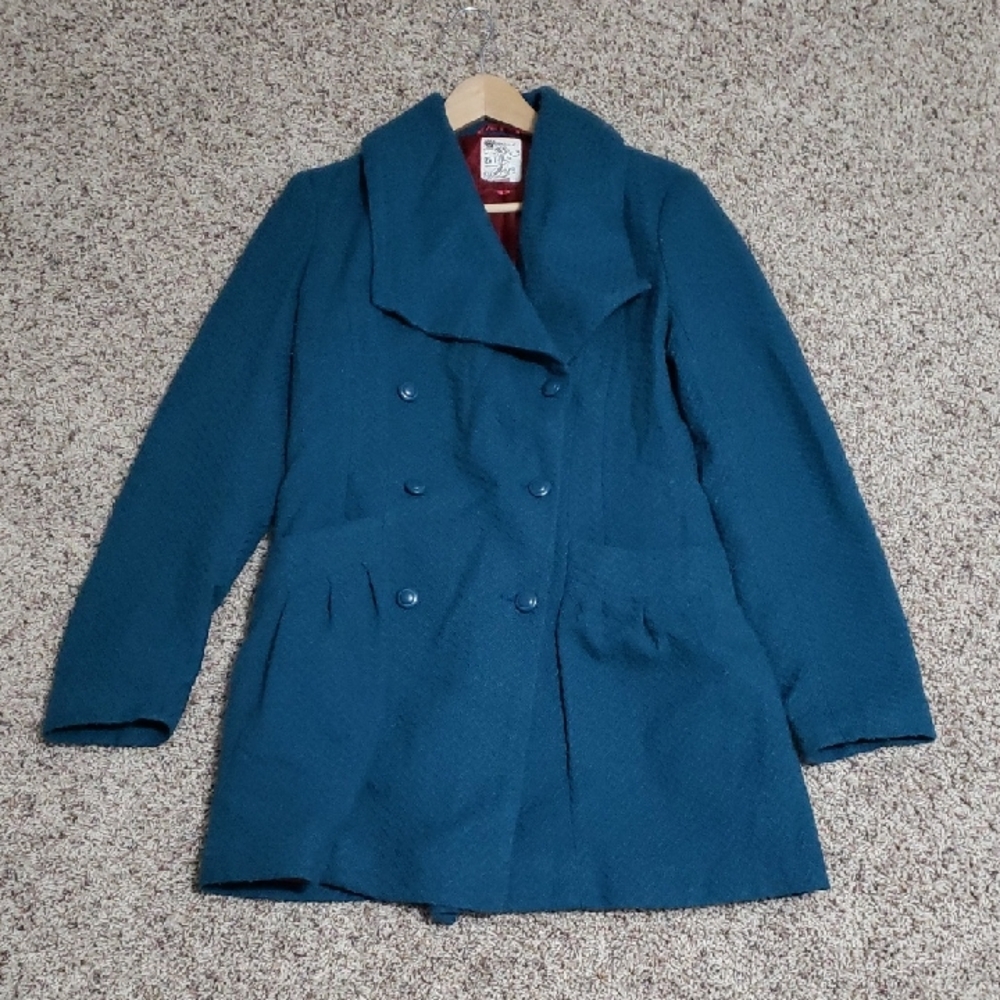 Tulle Teal Blue Peacoat Double-Breasted Wool Blend